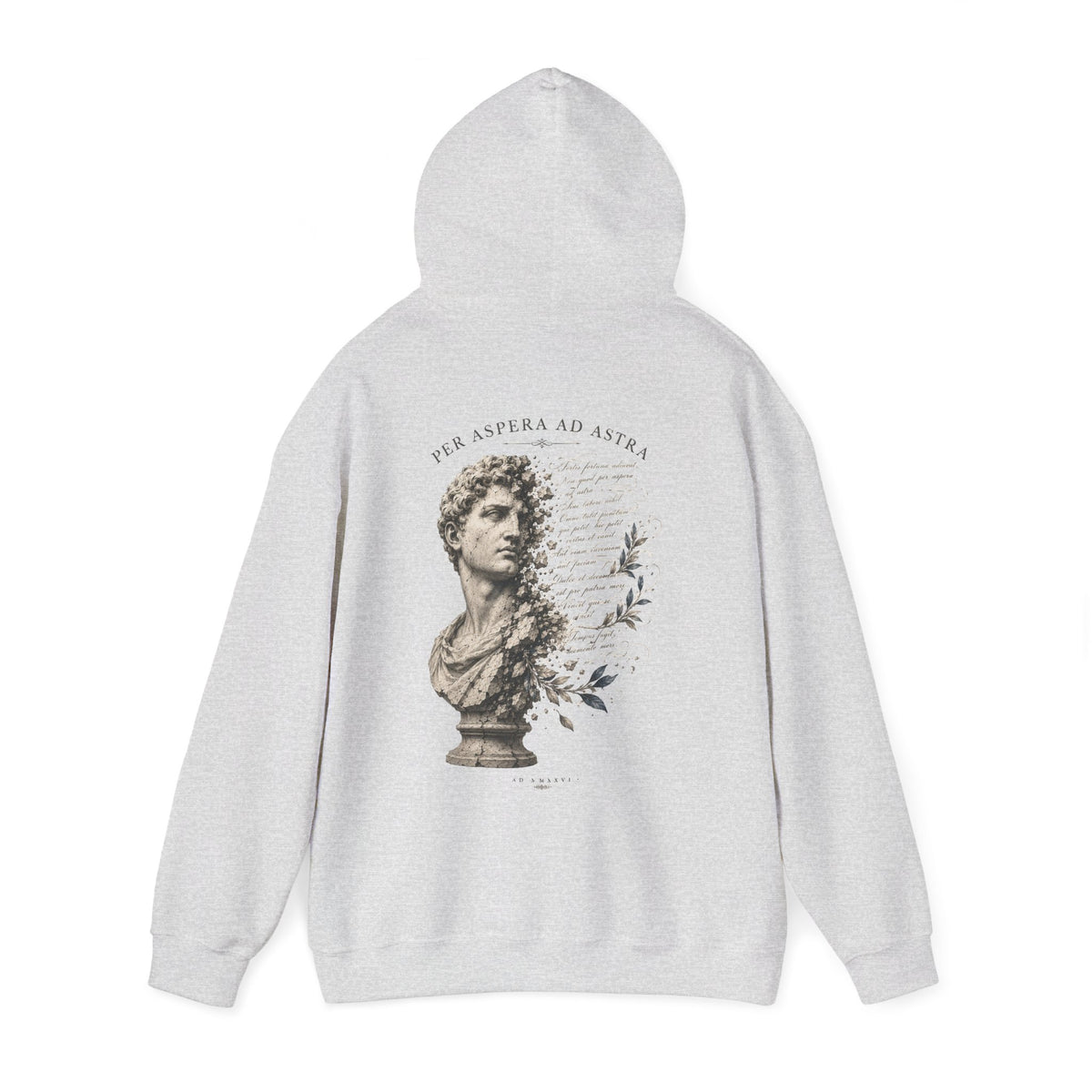 Classical bust with faded Per Aspera Ad Astra script printed on the back of a heavyweight cotton-blend hoodie