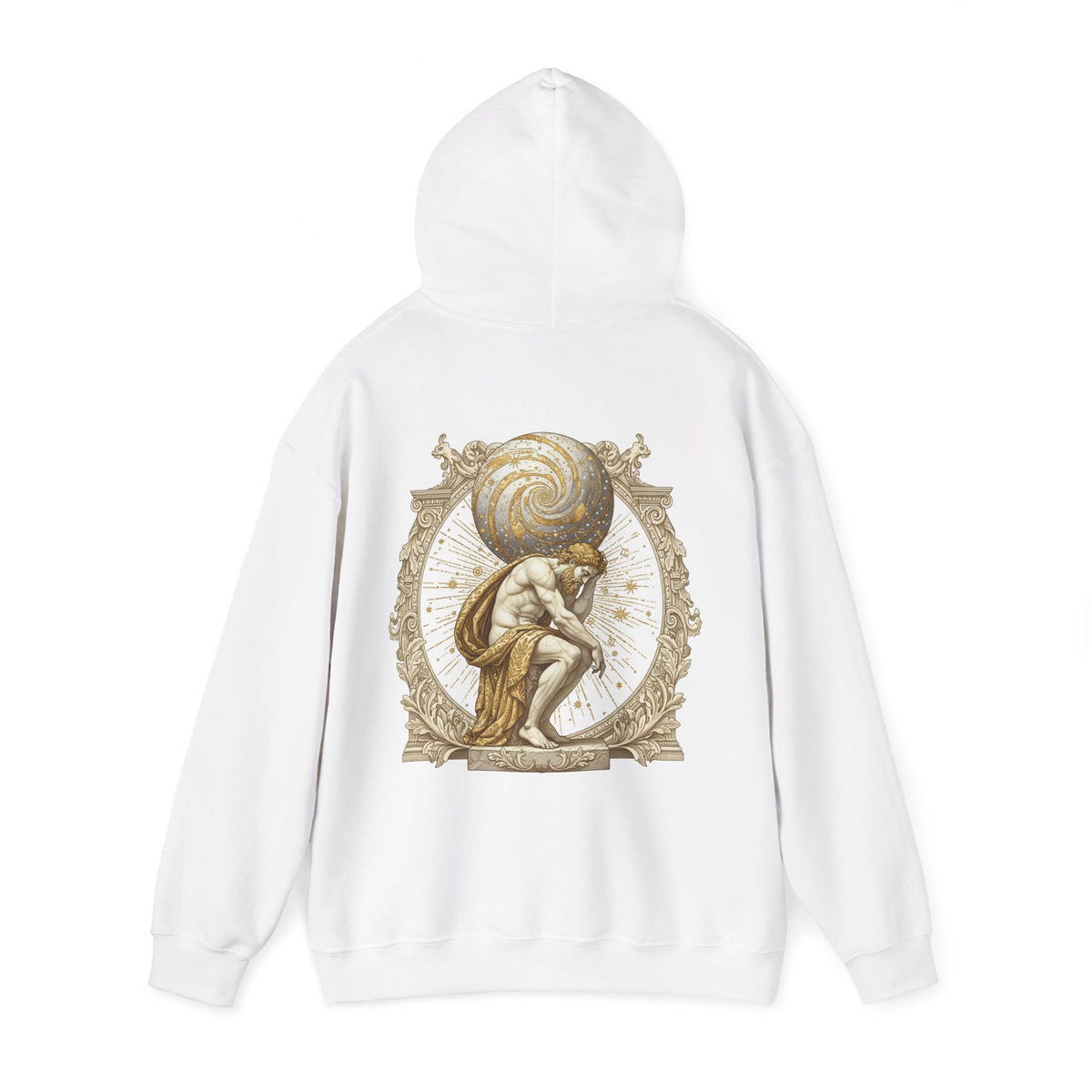 Atlas bearing a swirling globe in ornate filigree printed on the back of a heavyweight cotton-blend hoodie