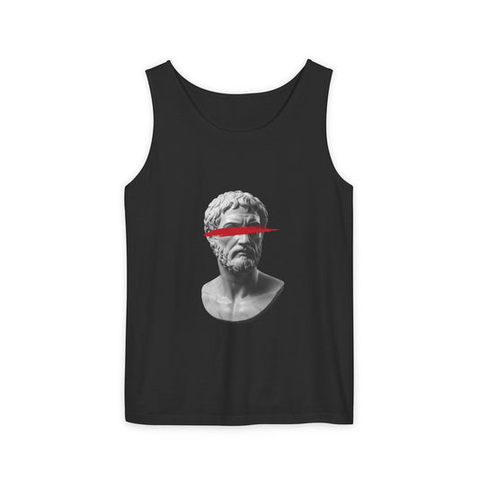 Vintage compass and map printed on the back of a garment-dyed heavyweight cotton tank top