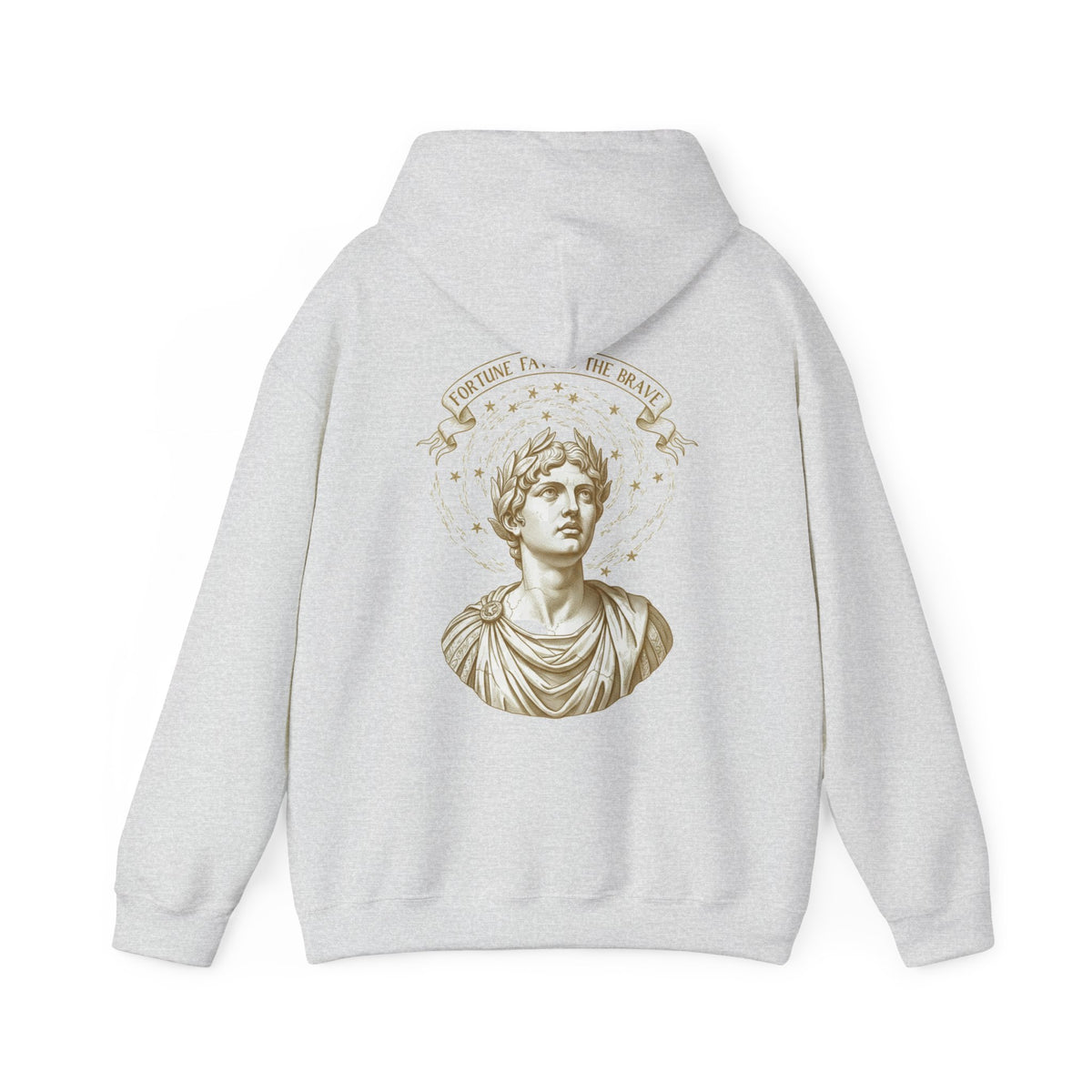 Sepia classical bust with a sacrifice banner printed on the back of a heavyweight cotton-blend hoodie