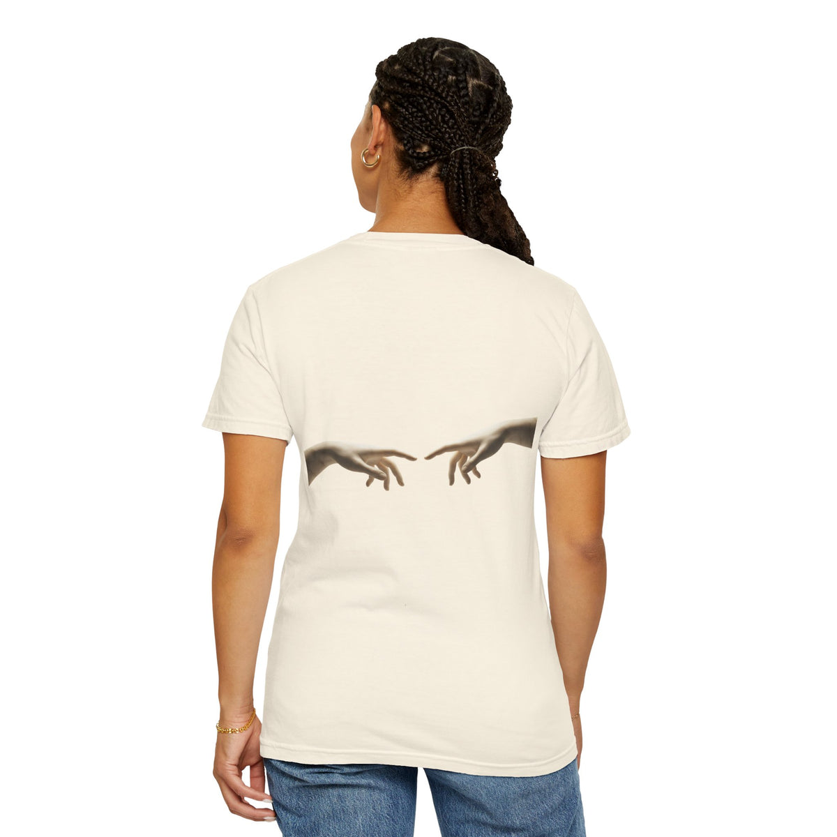 Reaching Hands Tee — Minimalist Classical Art Back Print