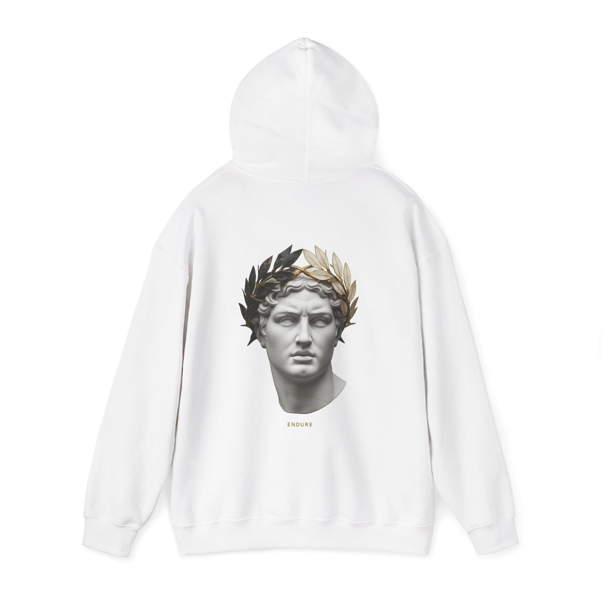 Marble bust crowned with laurel printed on the back of a heavyweight cotton-blend hoodie