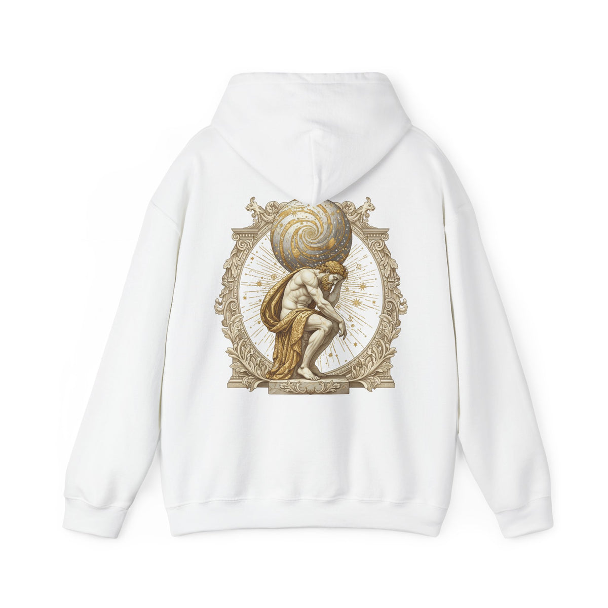 Atlas bearing a swirling globe in ornate filigree printed on the back of a heavyweight cotton-blend hoodie