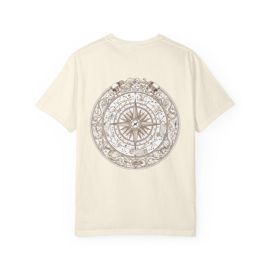 Weathered nautical compass rose printed on the back of a garment-dyed heavyweight cotton tee