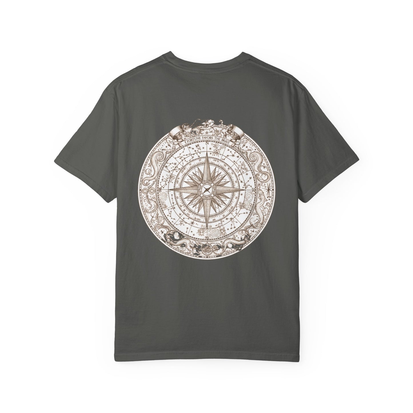 Weathered nautical compass rose printed on the back of a garment-dyed heavyweight cotton tee