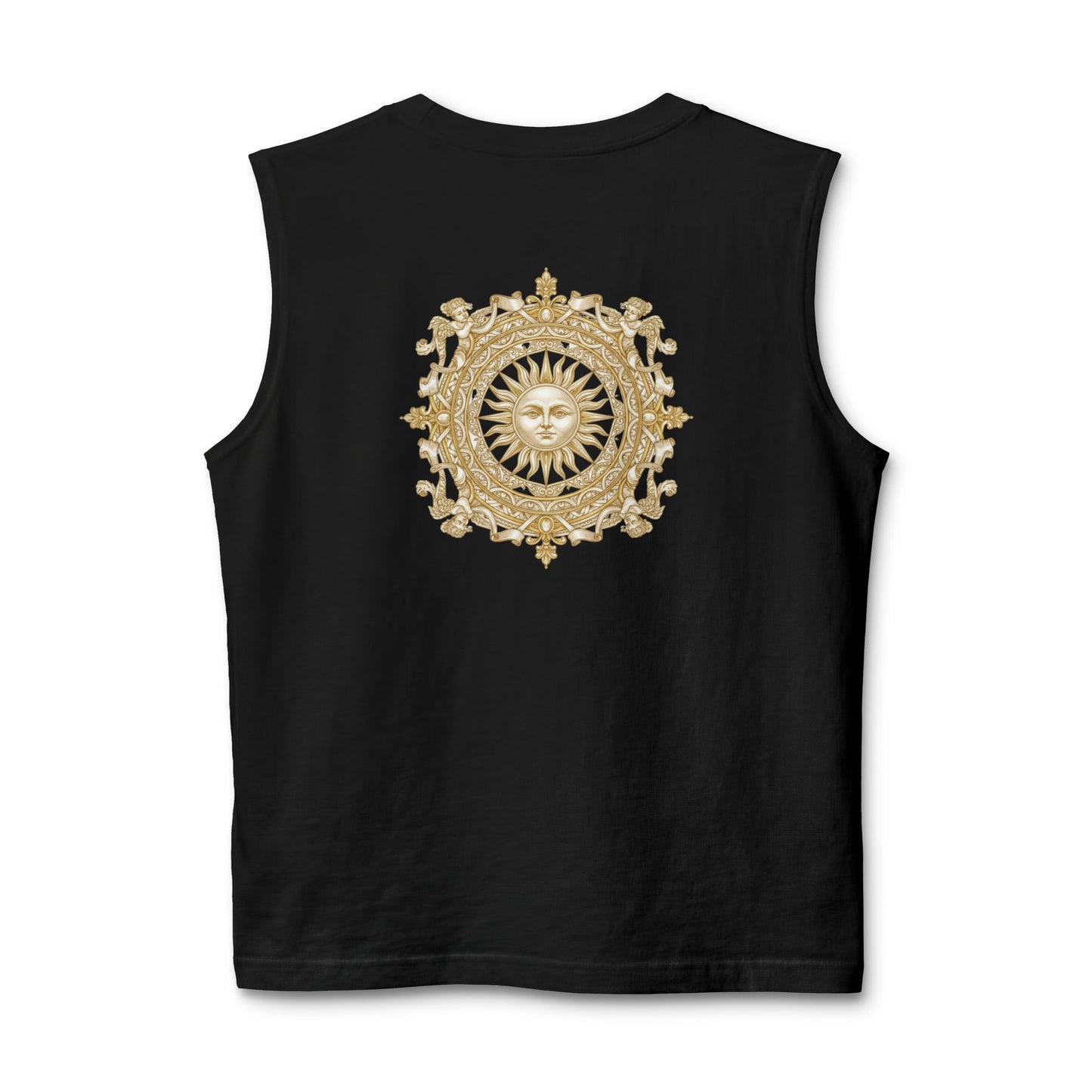 Gilded sun medallion printed on the back of a ring-spun cotton tank top