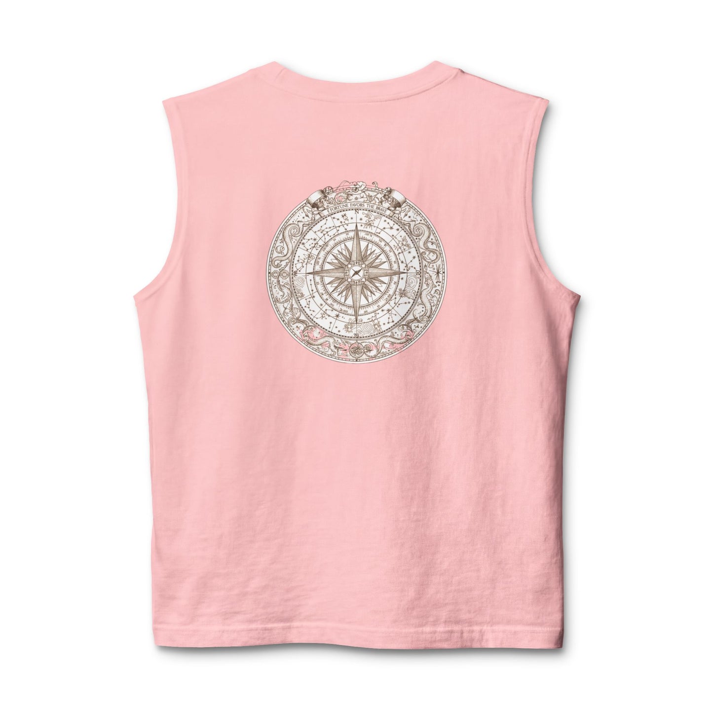 Nautical compass rose printed on the back of a ring-spun cotton muscle tank