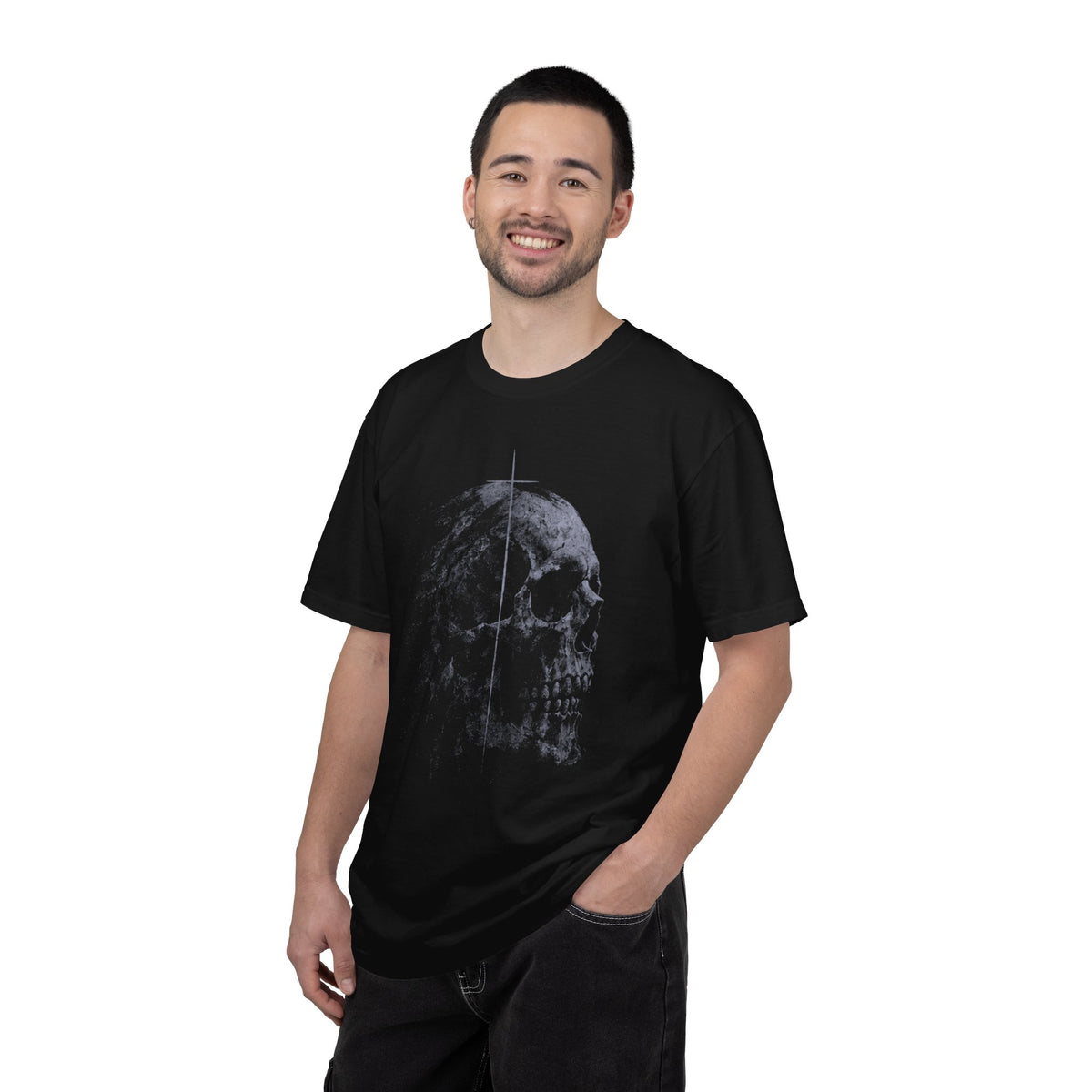 Skull Profile Tee — Gothic Cross Detail Graphic Shirt