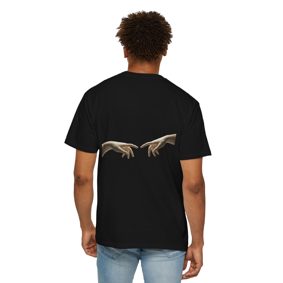 Reaching Hands Tee — Minimalist Classical Art Back Print