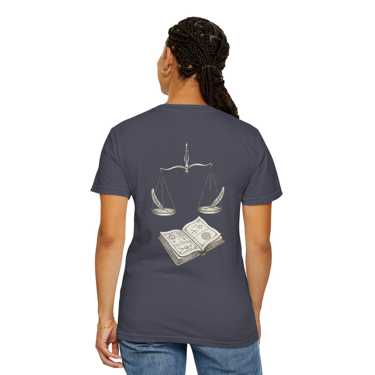 Libra Zodiac Tee — Scales and Book Astrology Graphic Shirt