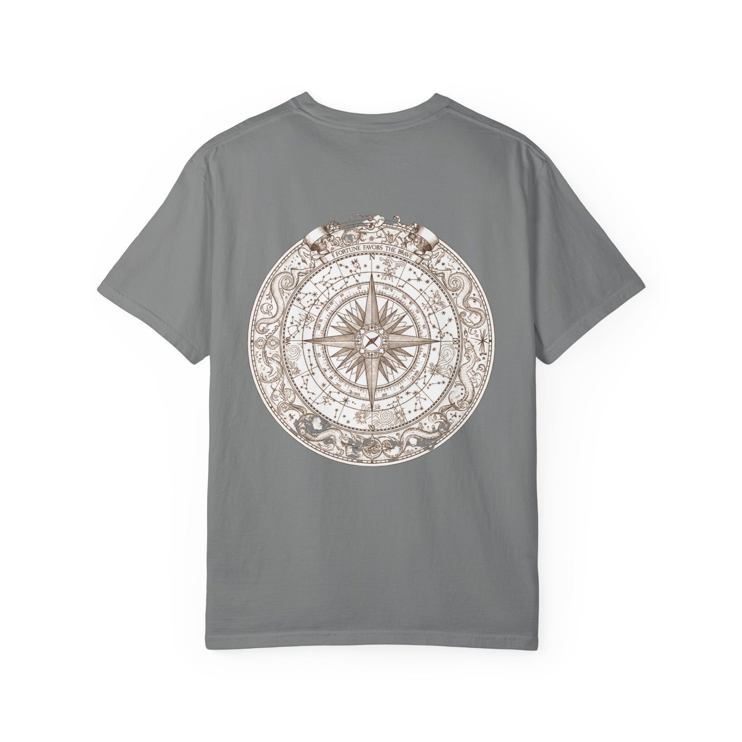 Weathered nautical compass rose printed on the back of a garment-dyed heavyweight cotton tee