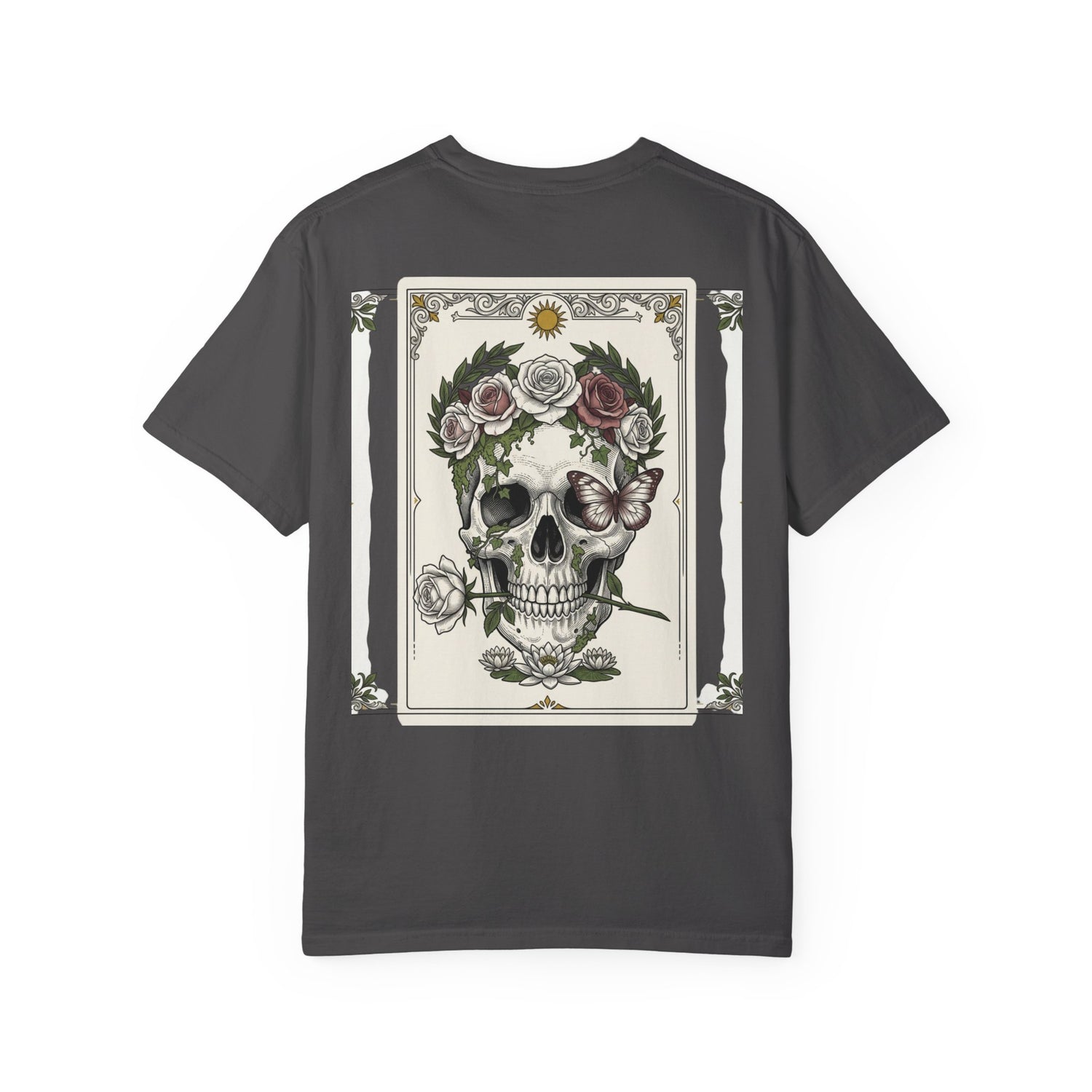 Skull crowned with roses printed on the back of a garment-dyed heavyweight cotton tee