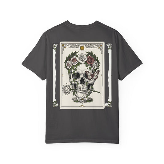Skull crowned with roses printed on the back of a garment-dyed heavyweight cotton tee