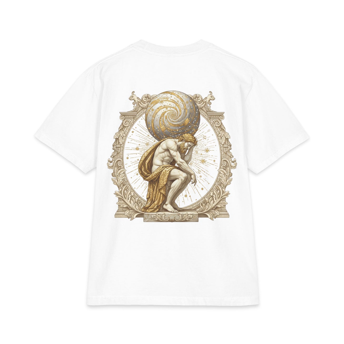 Classical figure bearing a globe printed on the back of a heavyweight oversized cotton tee