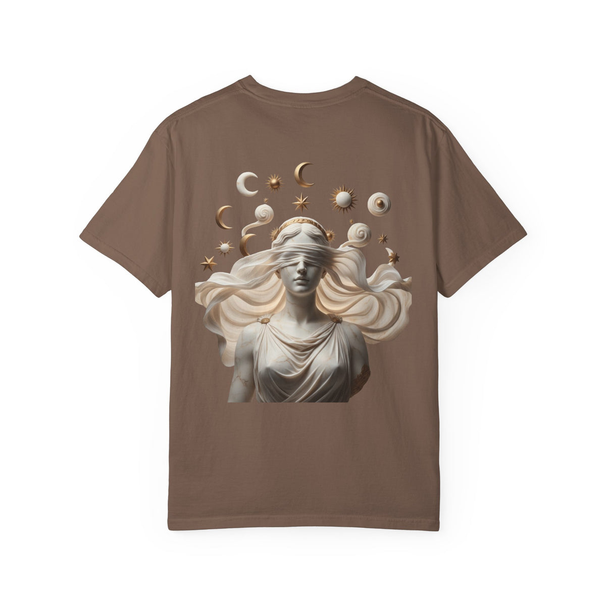 Moon Phases Tee — Blindfolded Goddess Celestial Back Print