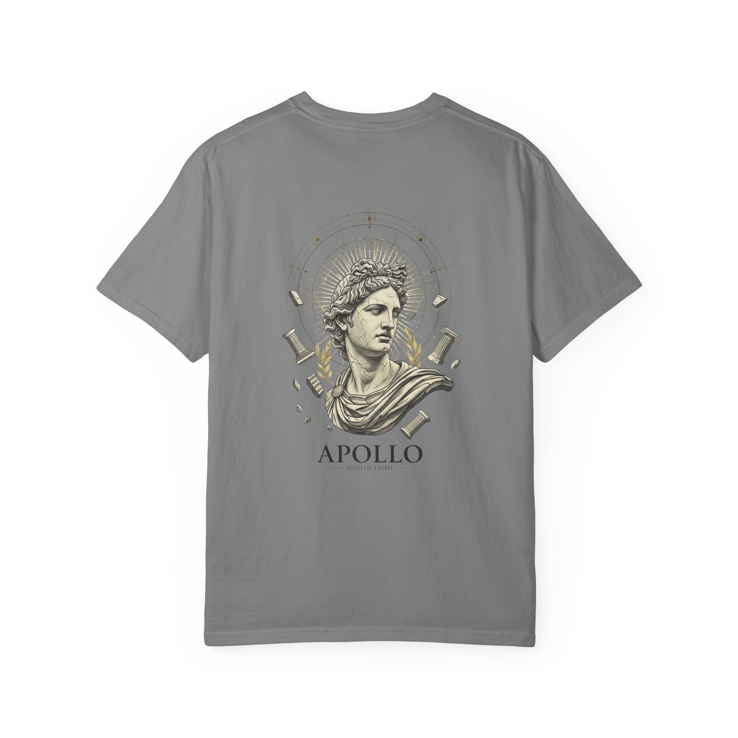 Sculpted Apollo bust with geometric stars on the back of a garment-dyed heavyweight cotton tee