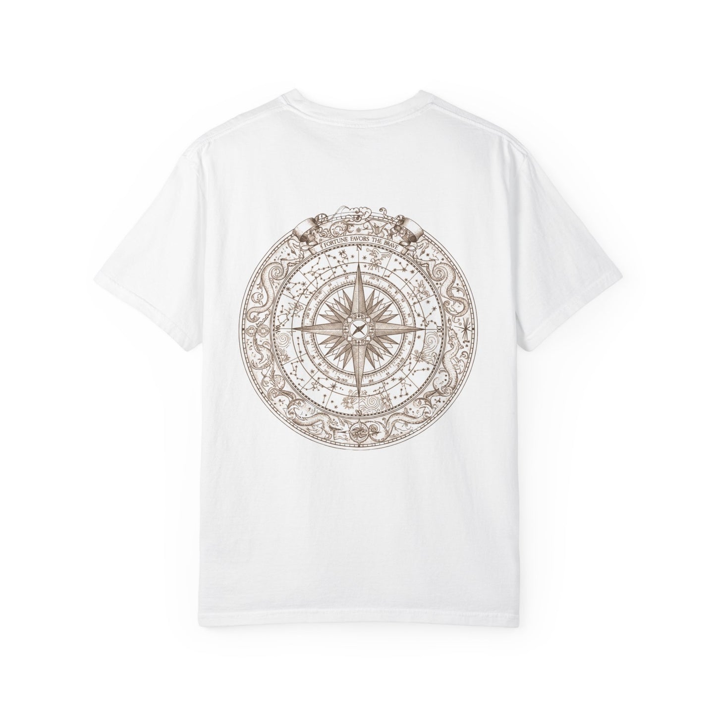 Weathered nautical compass rose printed on the back of a garment-dyed heavyweight cotton tee