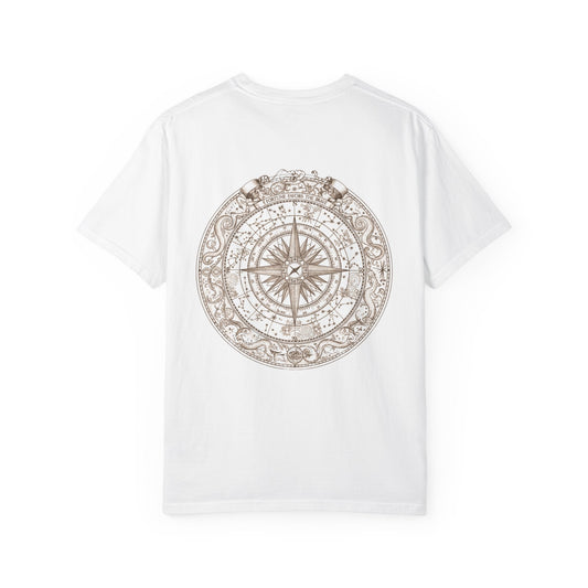 Weathered nautical compass rose printed on the back of a garment-dyed heavyweight cotton tee