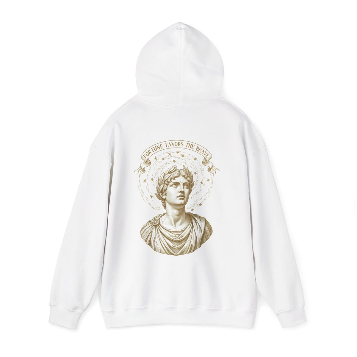 Sepia classical bust with a sacrifice banner printed on the back of a heavyweight cotton-blend hoodie