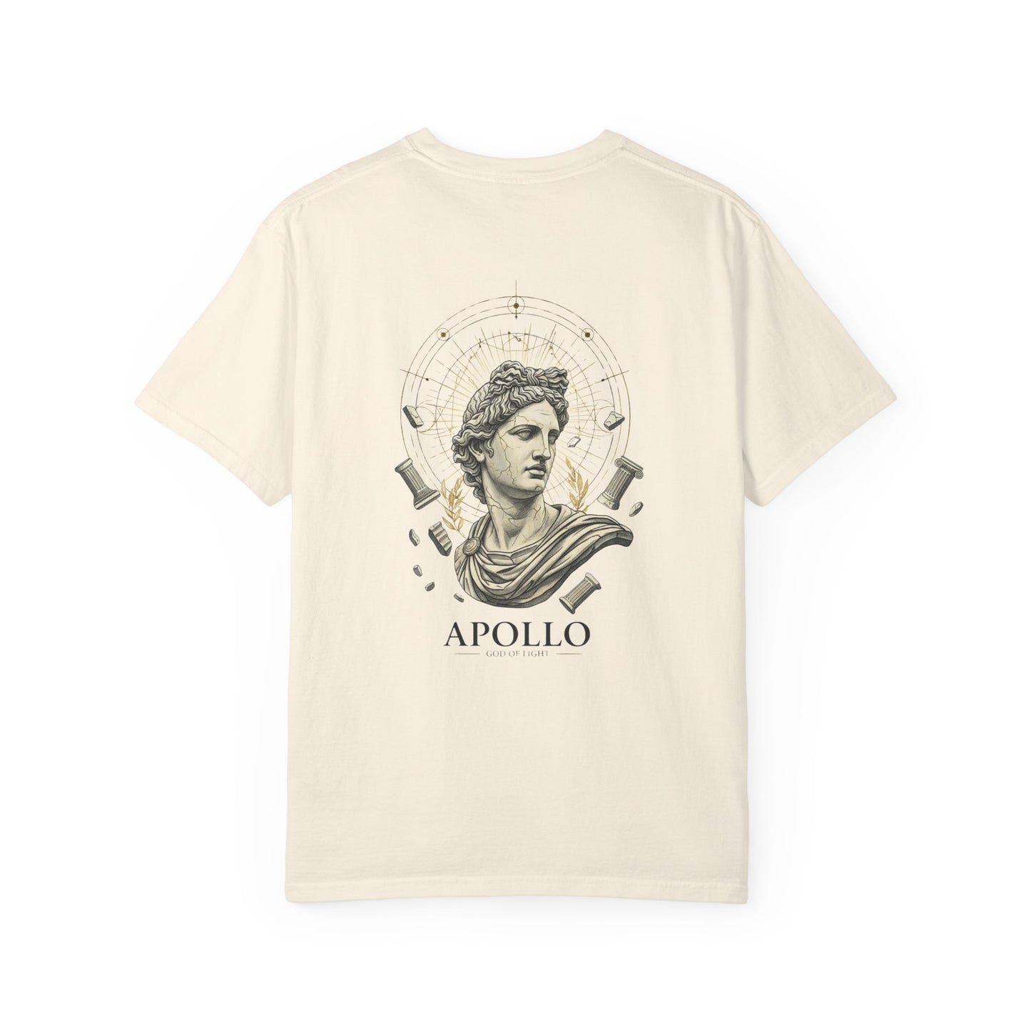 Sculpted Apollo bust with geometric stars on the back of a garment-dyed heavyweight cotton tee