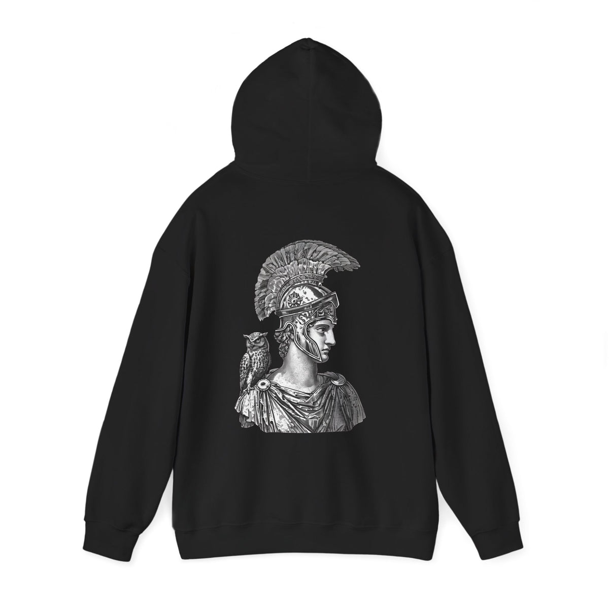 Athena Helmet Hoodie with Owl Illustration — Mythology Graphic Sweatshirt