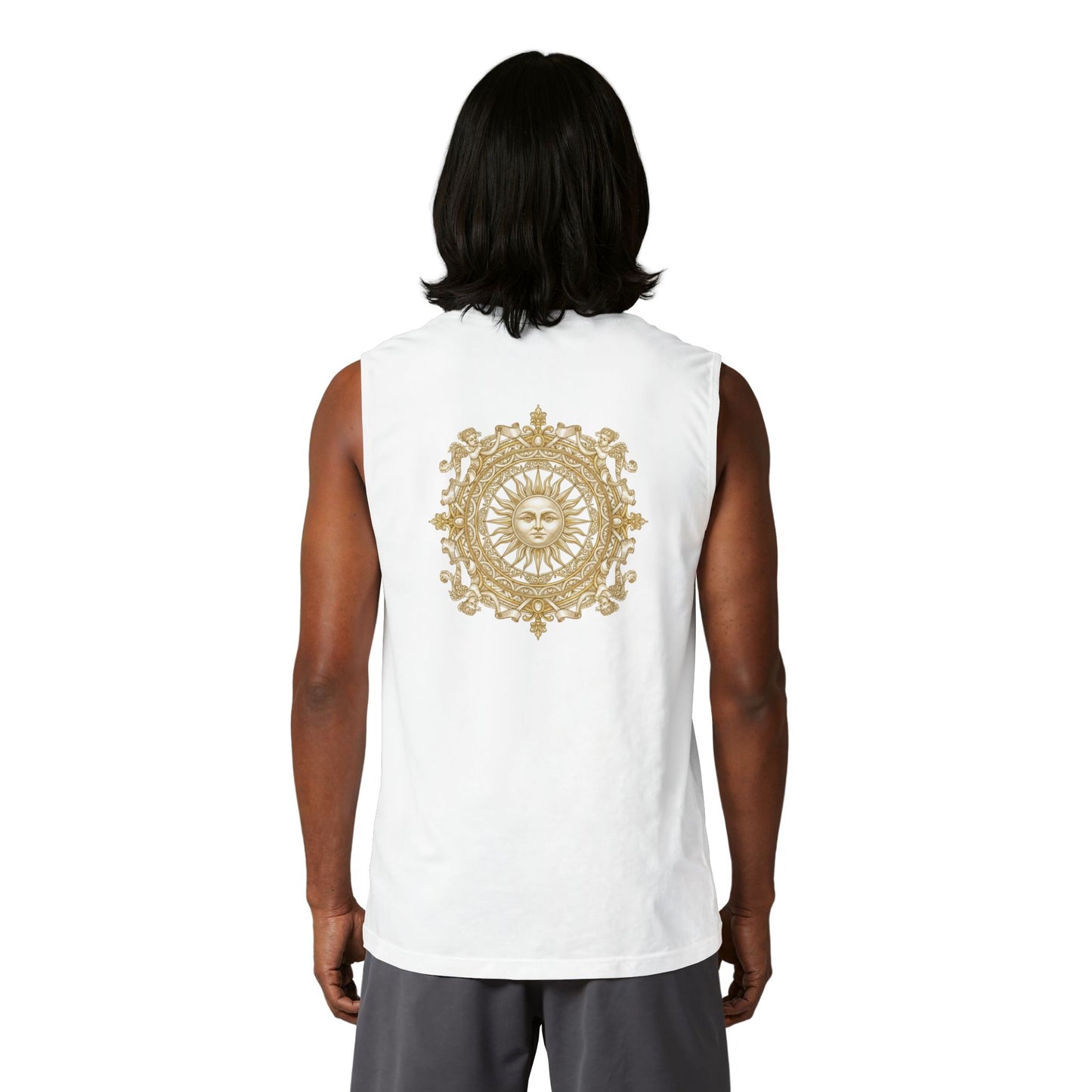 Gilded sun medallion printed on the back of a ring-spun cotton tank top