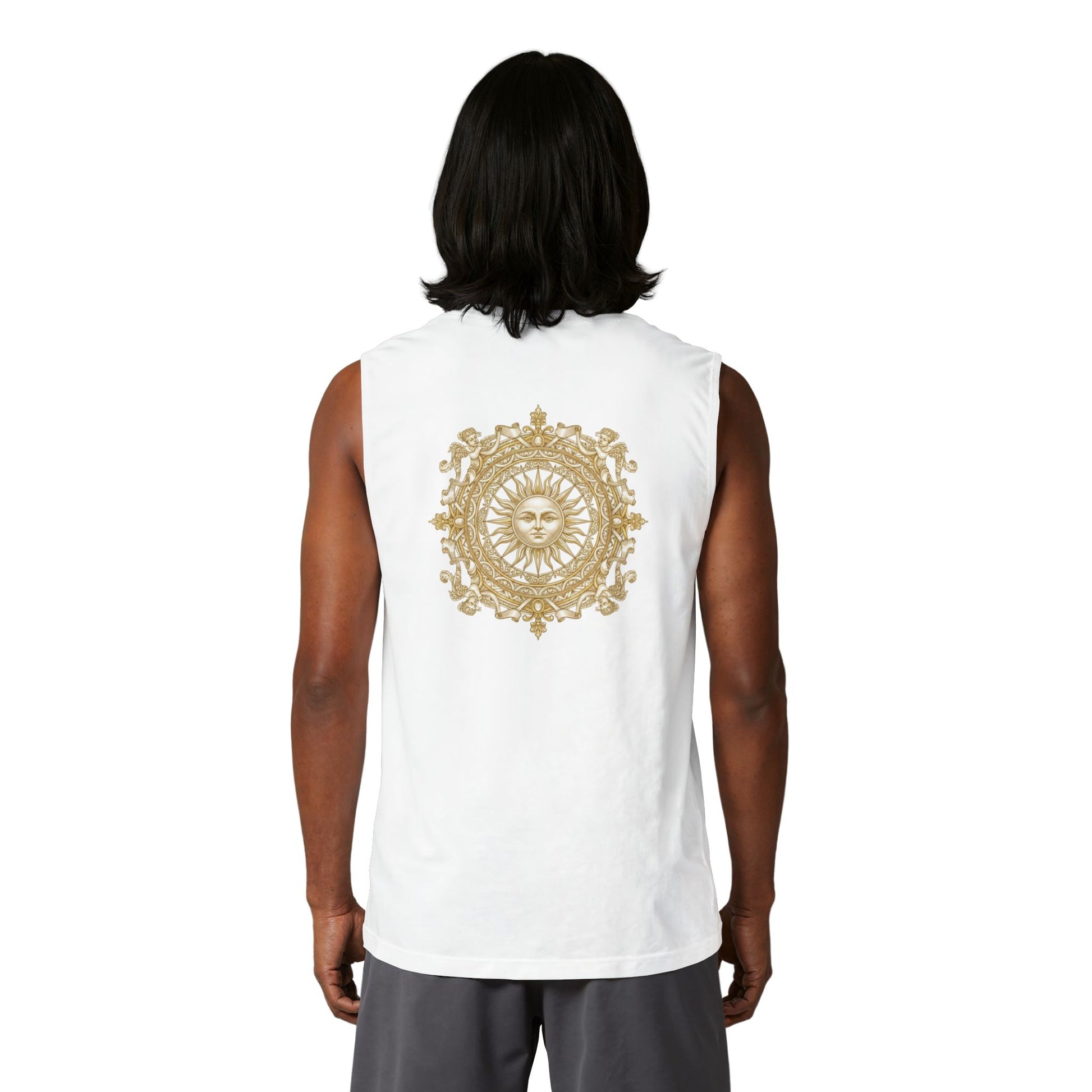 Gilded sun medallion printed on the back of a ring-spun cotton tank top