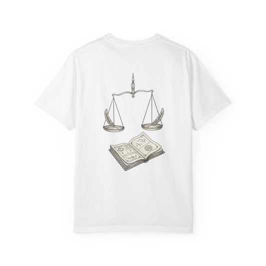 Libra Zodiac Tee — Scales and Book Astrology Graphic Shirt
