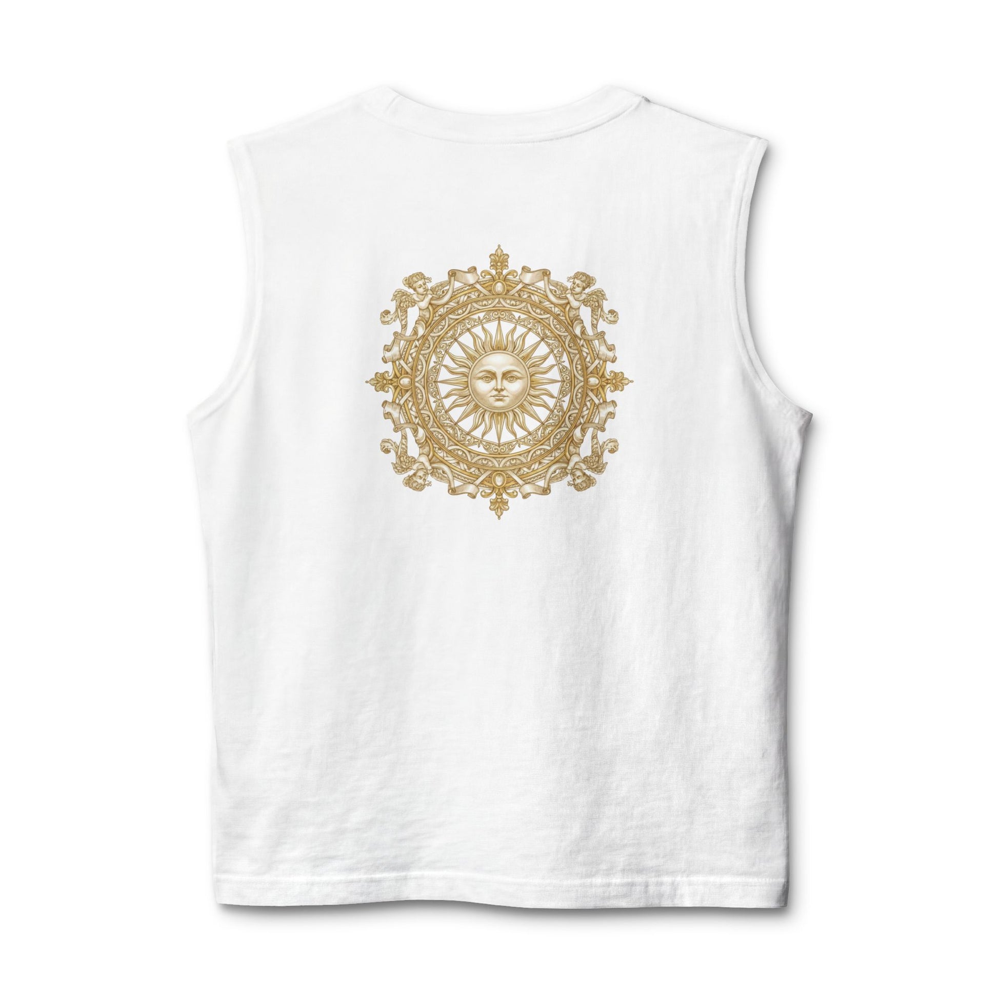 Gilded sun medallion printed on the back of a ring-spun cotton tank top