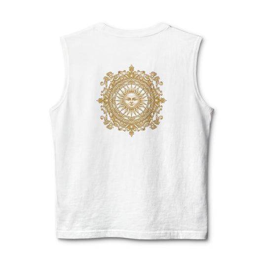 Gilded sun medallion printed on the back of a ring-spun cotton tank top
