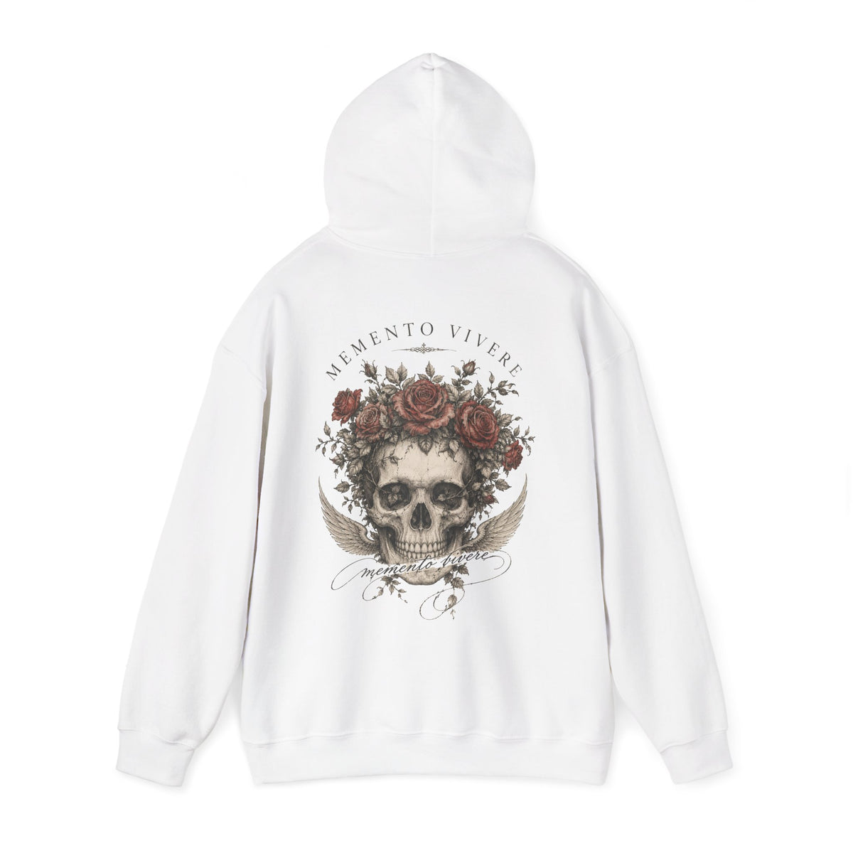 Skull crowned in roses with faded wings printed on the back of a heavyweight cotton-blend hoodie