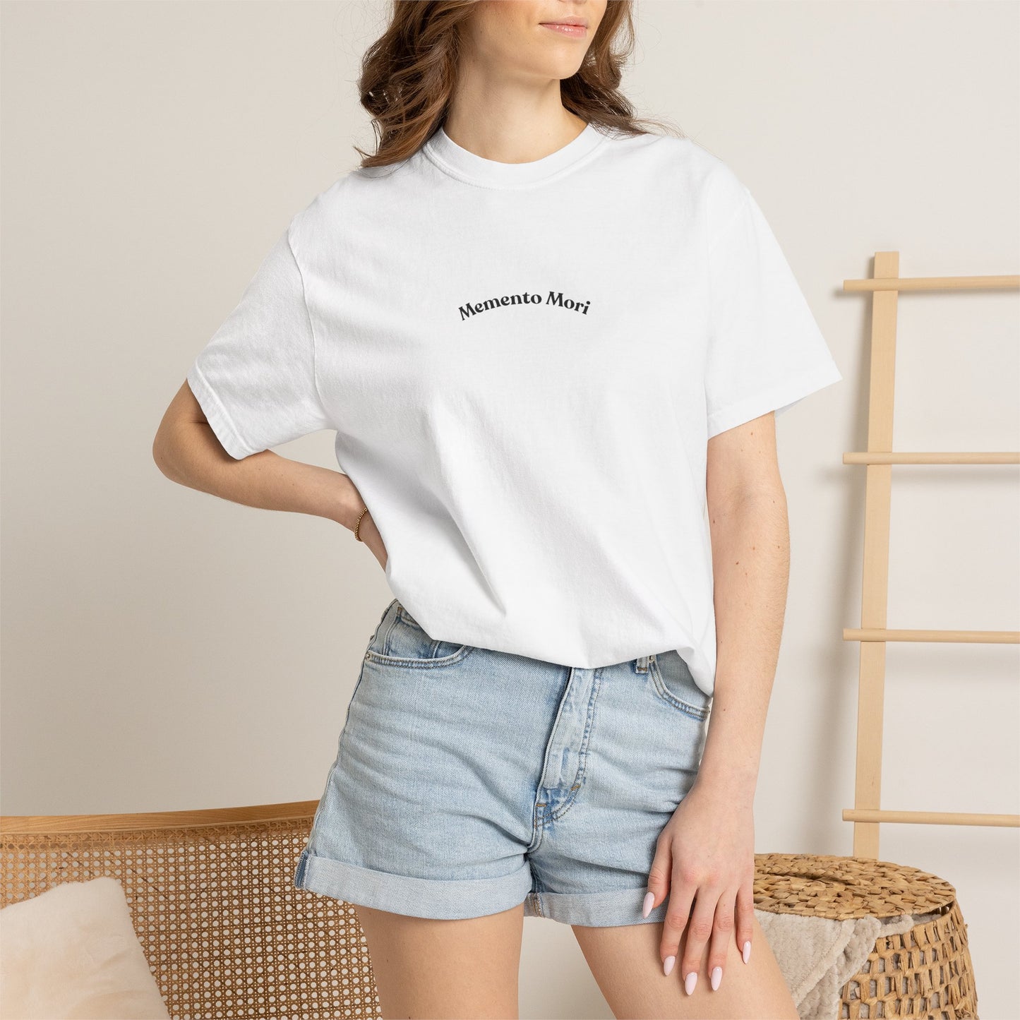 Skull crowned with roses printed on the back of a garment-dyed heavyweight cotton tee