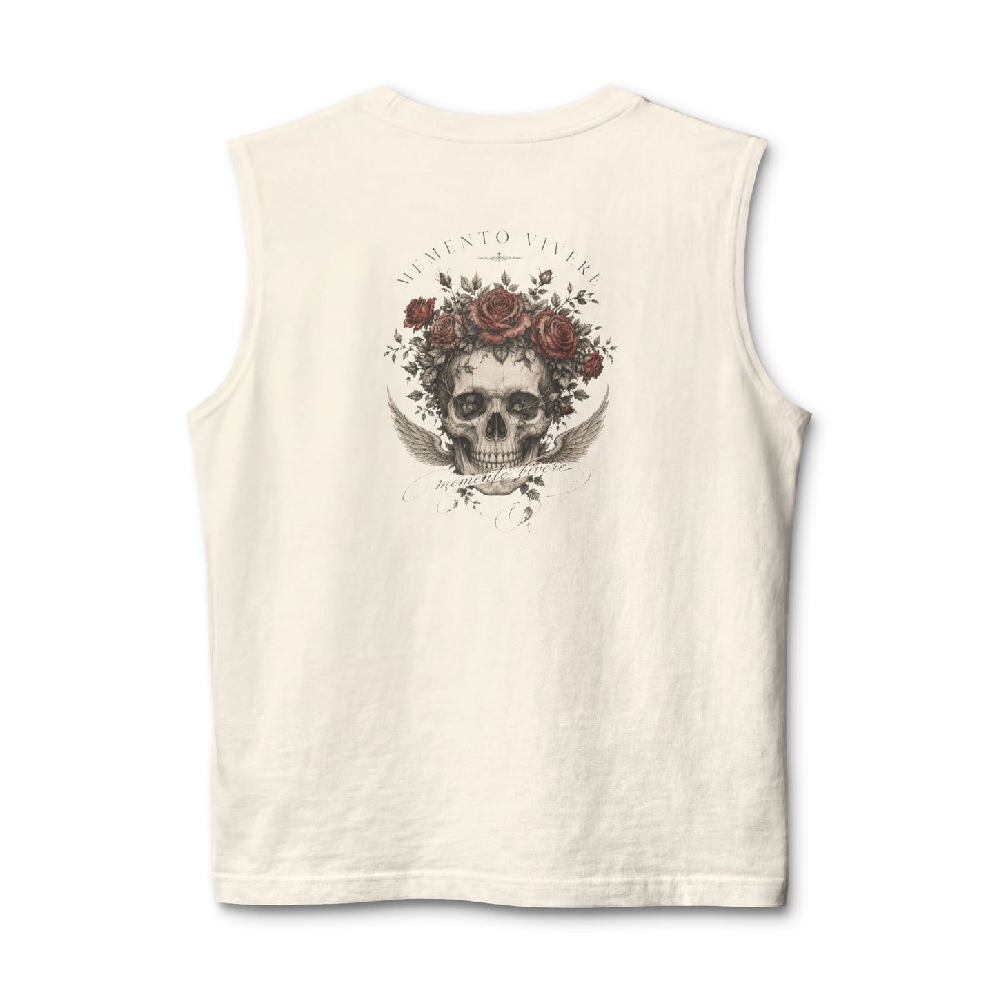 Distressed skull crowned with roses printed on the back of a ring-spun cotton tank top