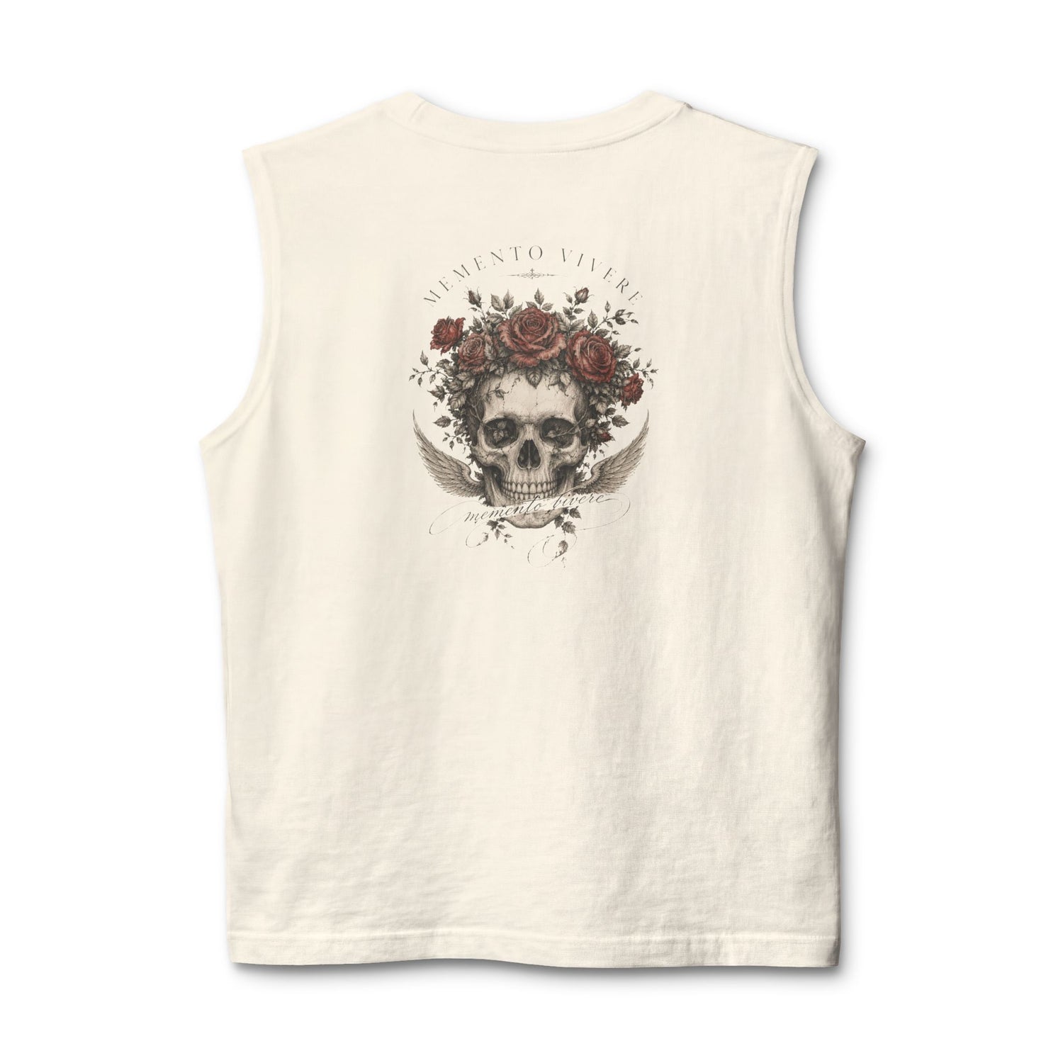 Distressed skull crowned with roses printed on the back of a ring-spun cotton tank top