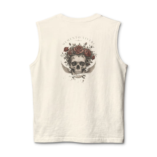 Distressed skull crowned with roses printed on the back of a ring-spun cotton tank top