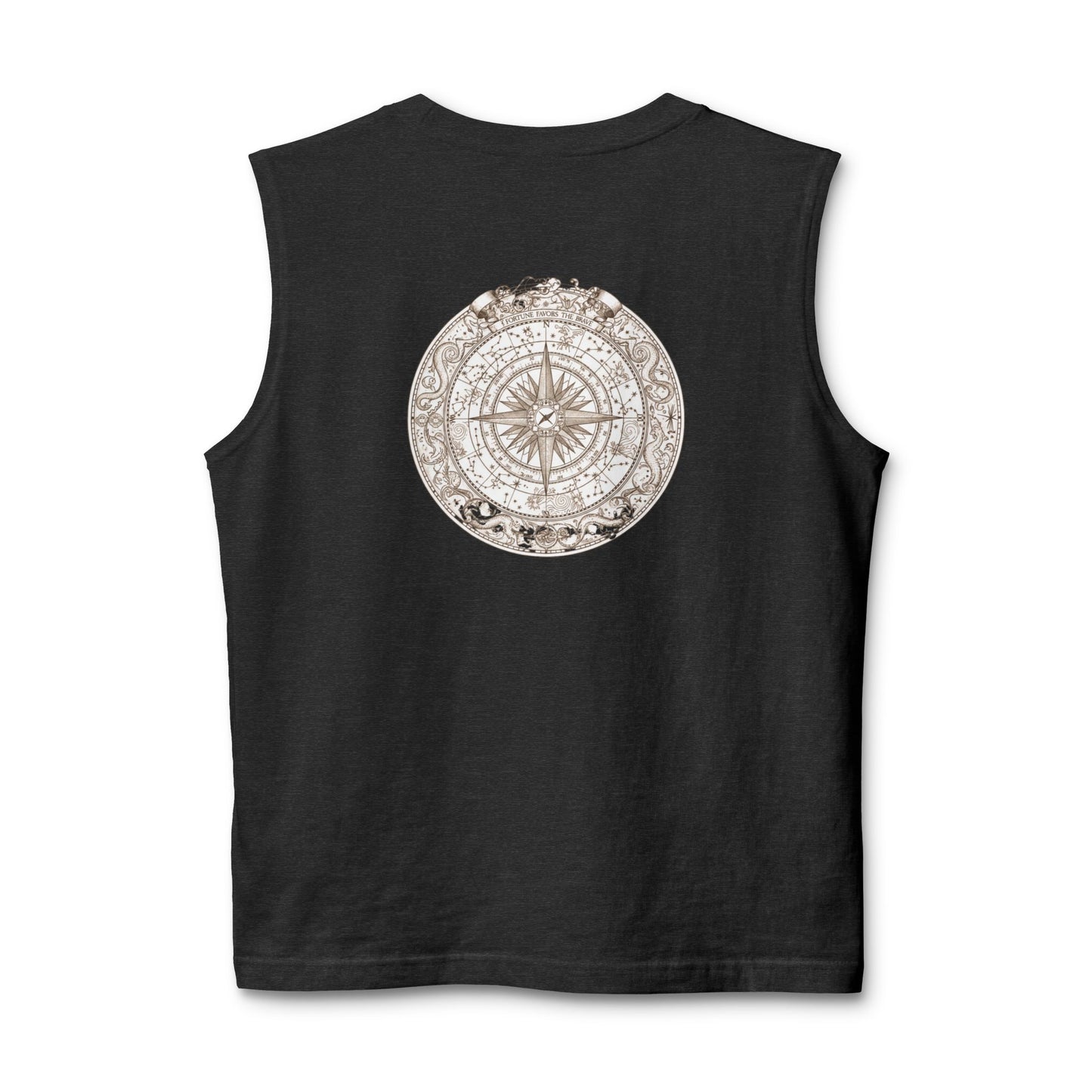 Nautical compass rose printed on the back of a ring-spun cotton muscle tank