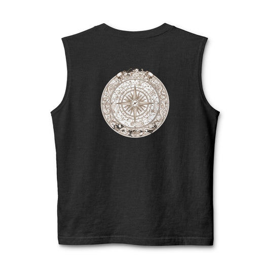 Nautical compass rose printed on the back of a ring-spun cotton muscle tank