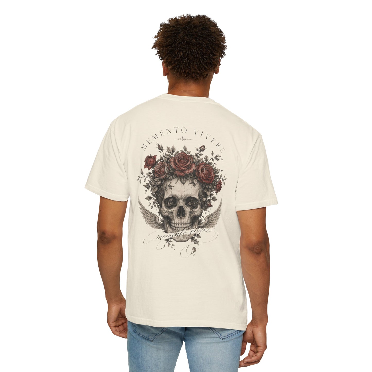 Skull crowned with roses and wings printed on the back of a vintage garment-dyed cotton tee