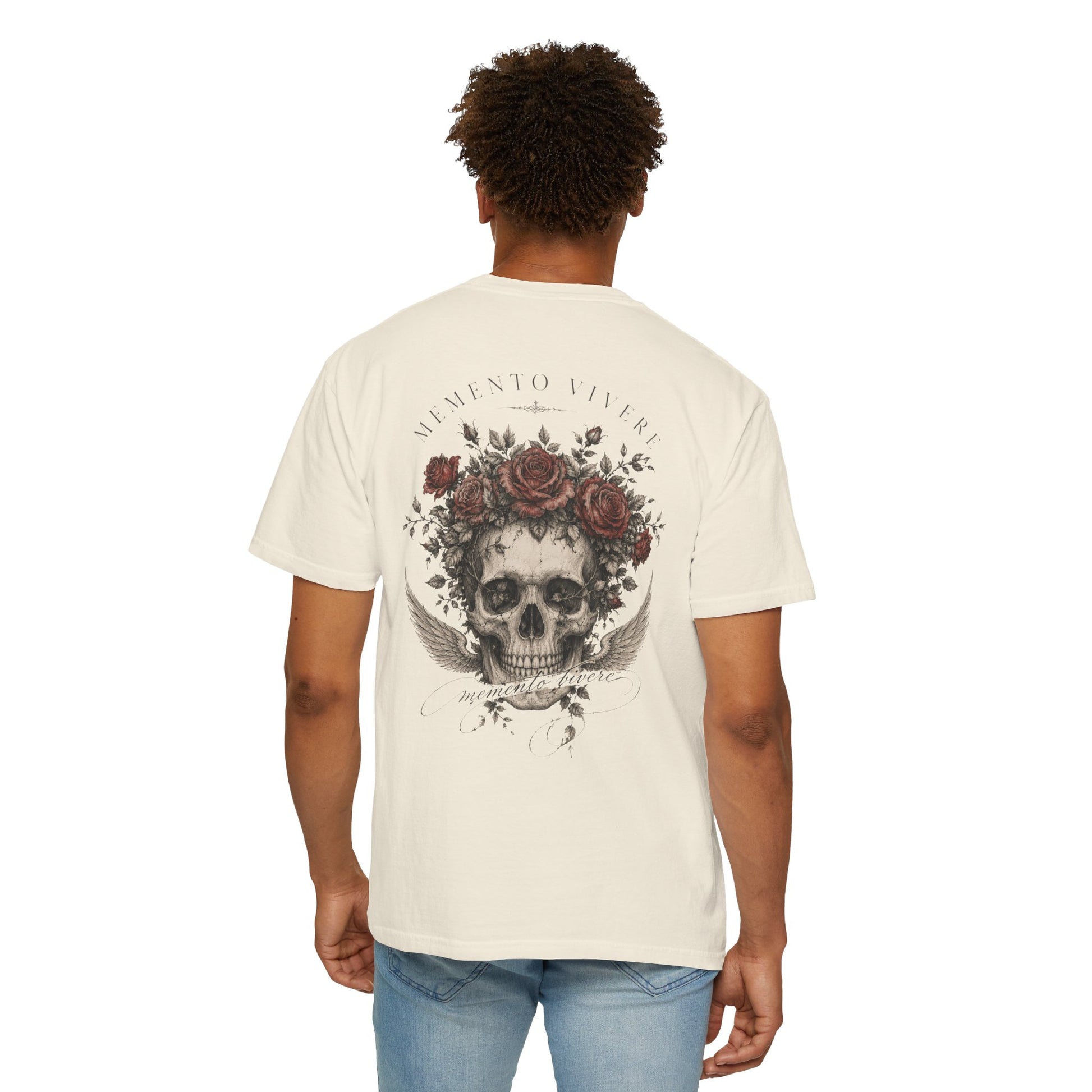 Skull crowned with roses and wings printed on the back of a vintage garment-dyed cotton tee