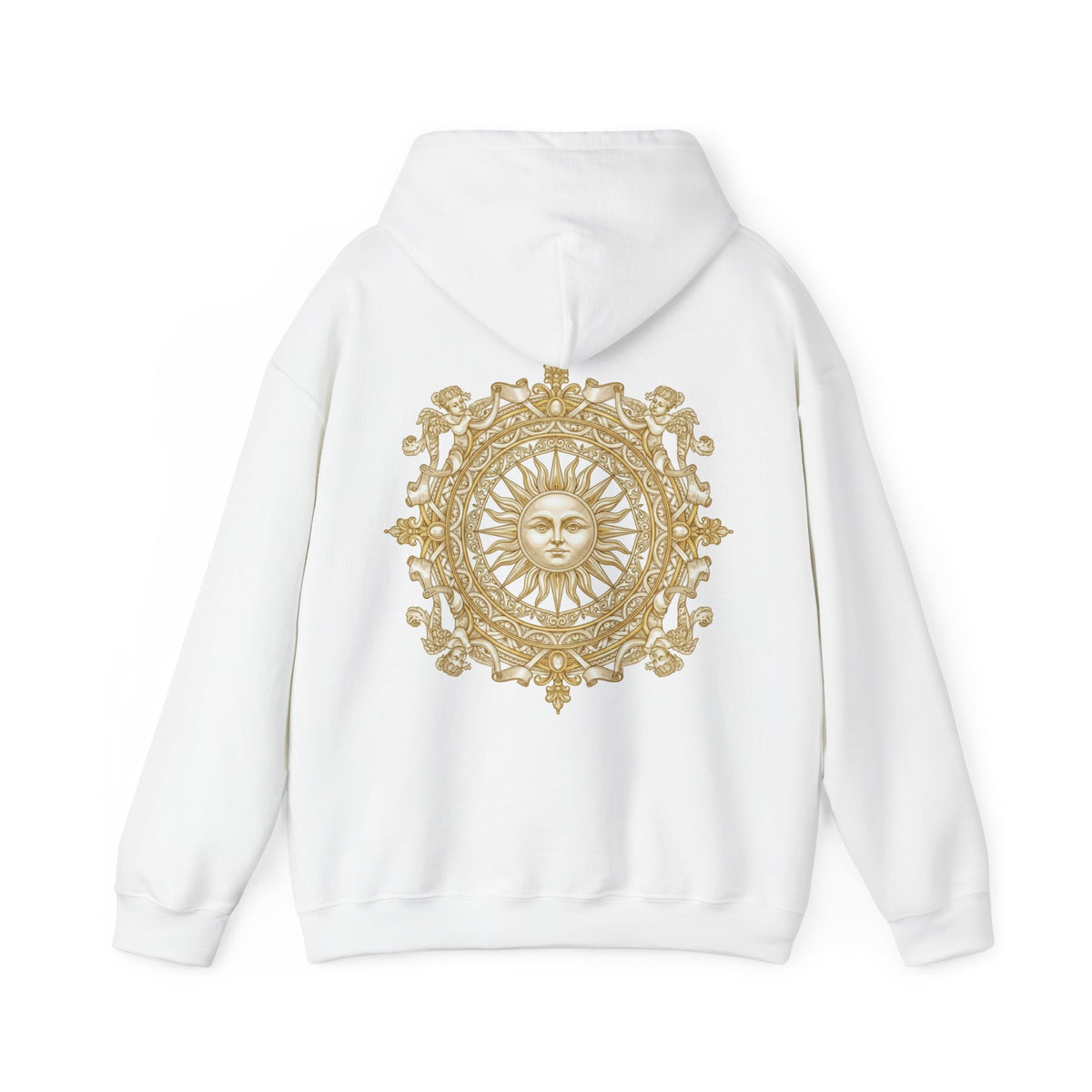 Antique-gold sun medallion printed on the back of a heavyweight cotton-blend hoodie