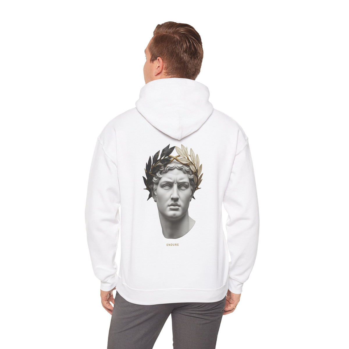 Marble bust crowned with laurel printed on the back of a heavyweight cotton-blend hoodie