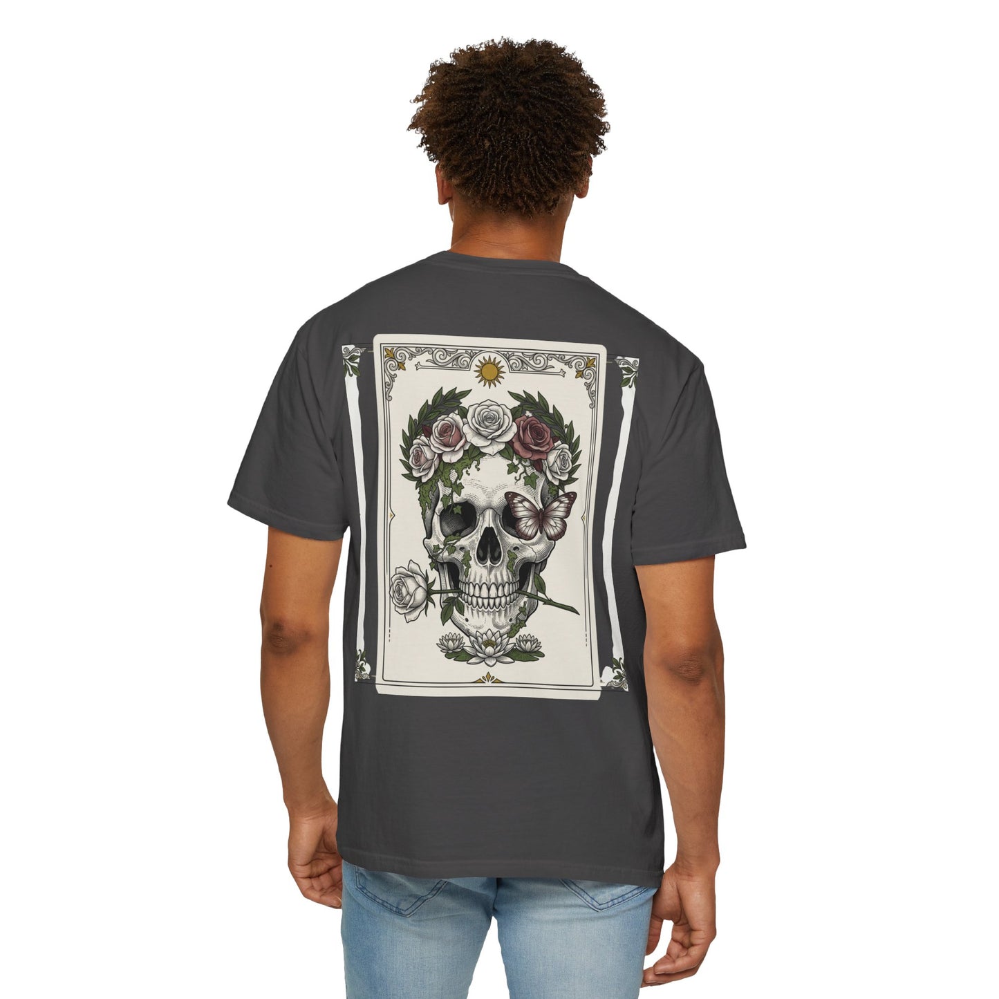 Skull crowned with roses printed on the back of a garment-dyed heavyweight cotton tee