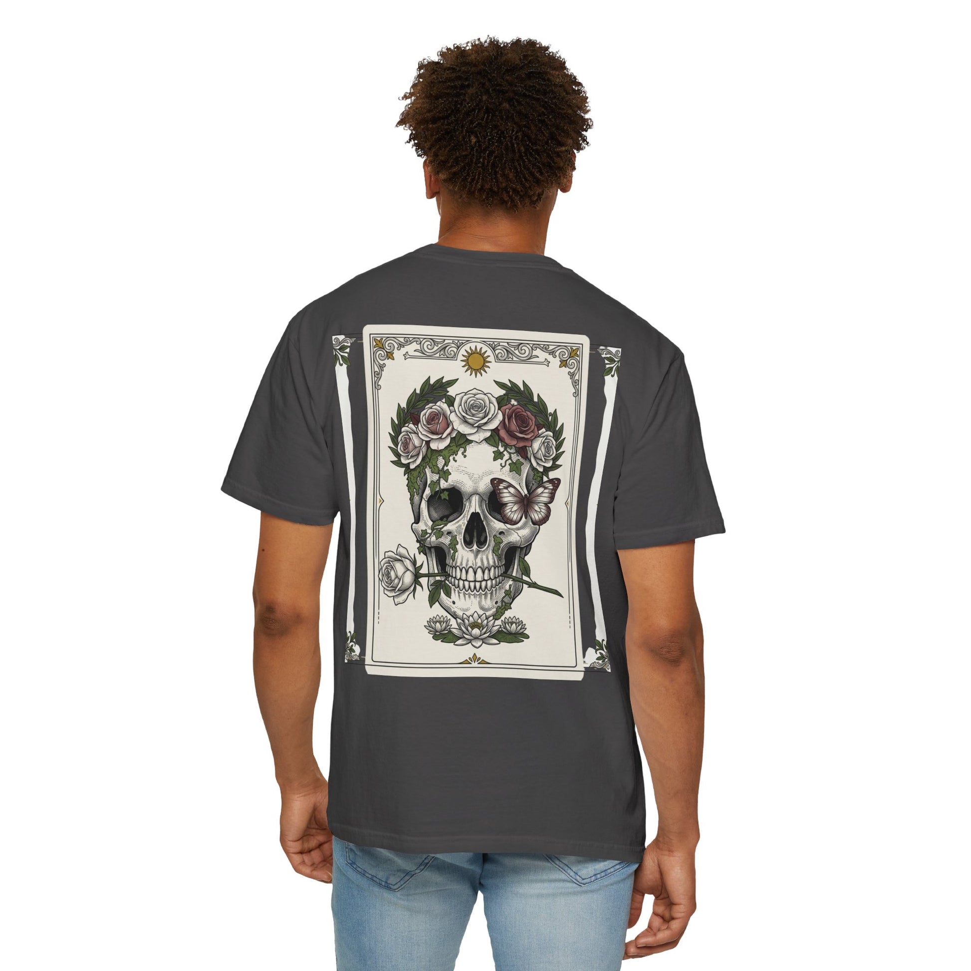Skull crowned with roses printed on the back of a garment-dyed heavyweight cotton tee