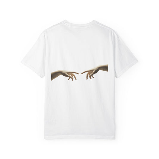 Reaching Hands Tee — Minimalist Classical Art Back Print