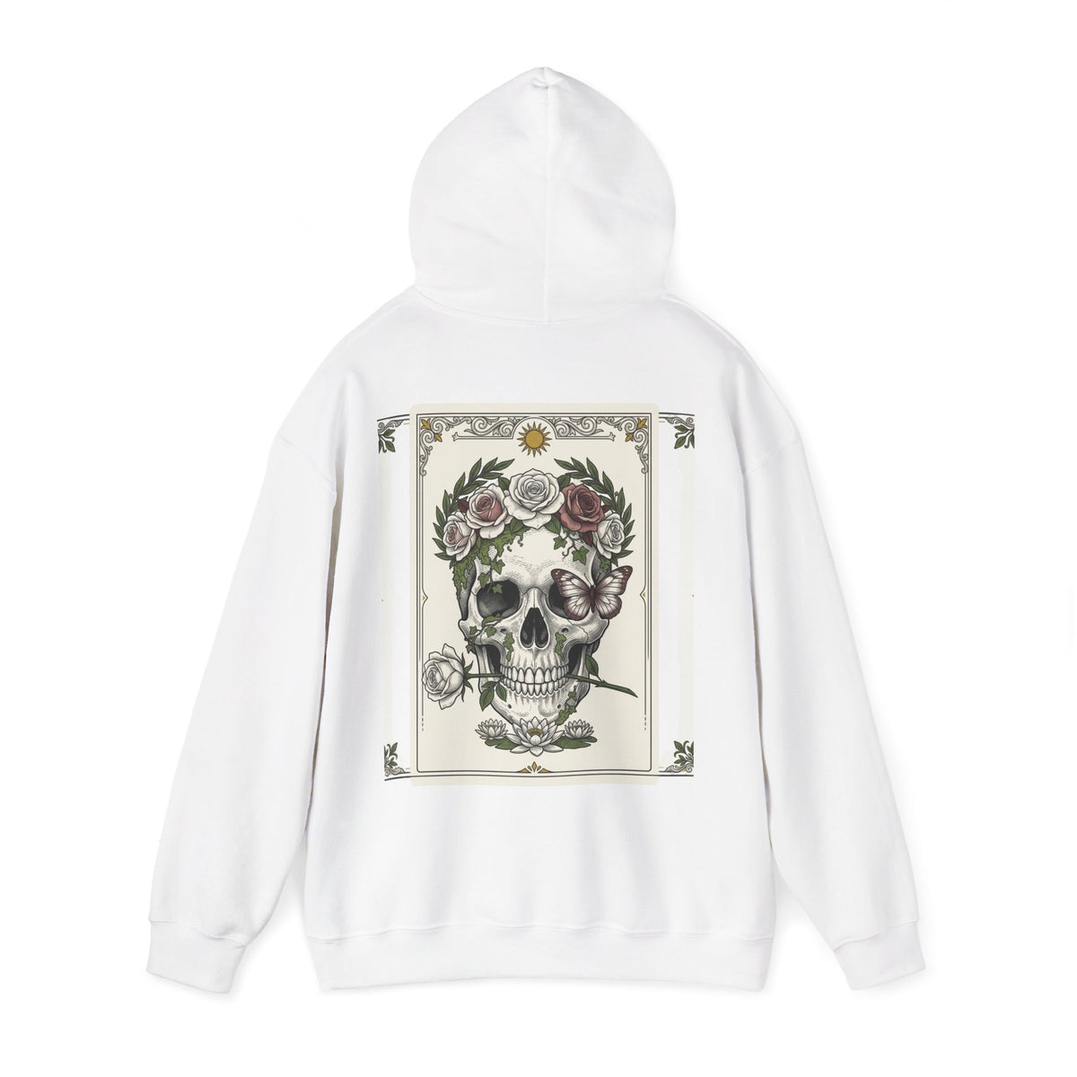 Floral skull framed by roses printed on the back of a heavyweight cotton-blend hoodie