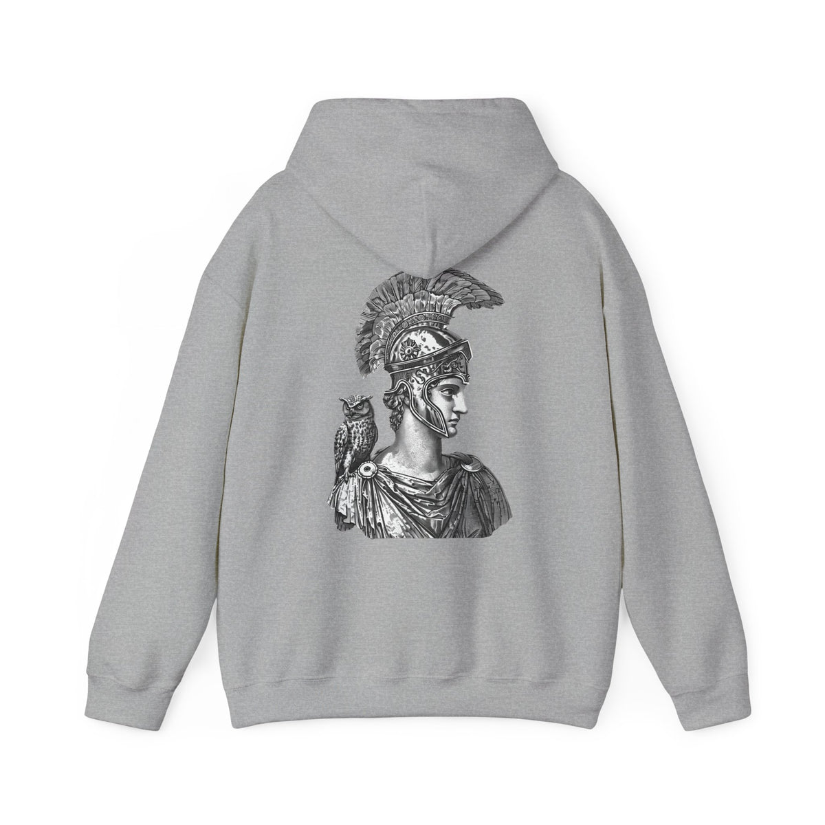 Athena Helmet Hoodie with Owl Illustration — Mythology Graphic Sweatshirt