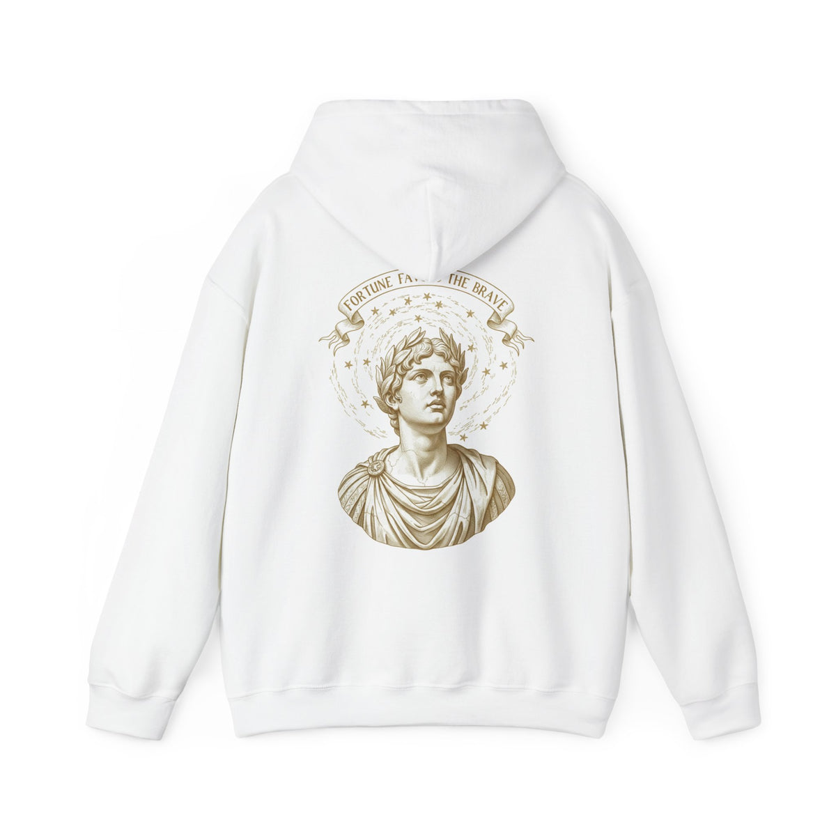 Sepia classical bust with a sacrifice banner printed on the back of a heavyweight cotton-blend hoodie