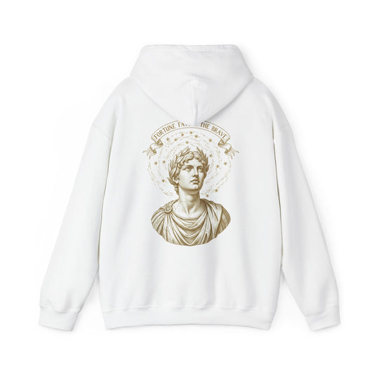 Sepia classical bust with a sacrifice banner printed on the back of a heavyweight cotton-blend hoodie