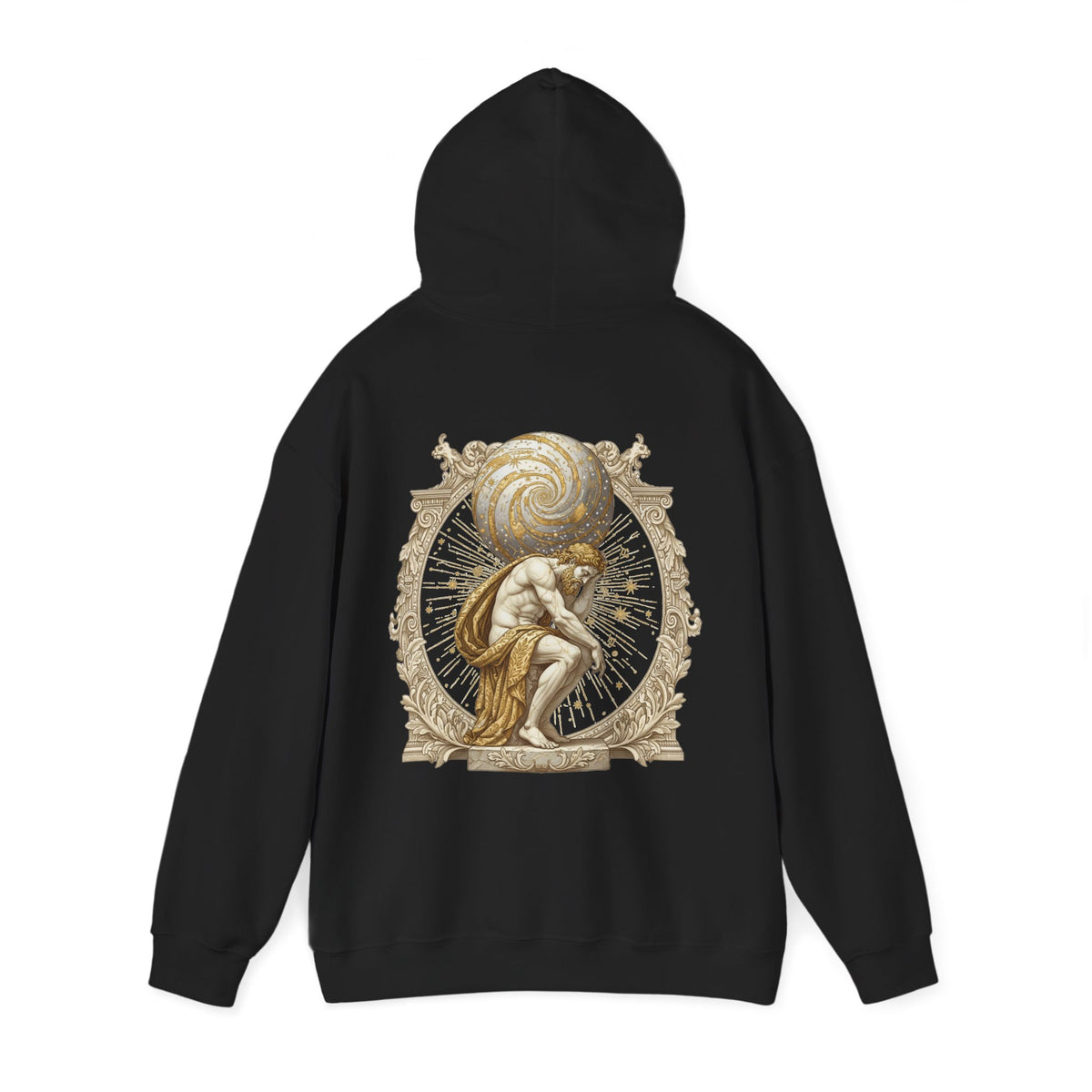 Atlas bearing a swirling globe in ornate filigree printed on the back of a heavyweight cotton-blend hoodie
