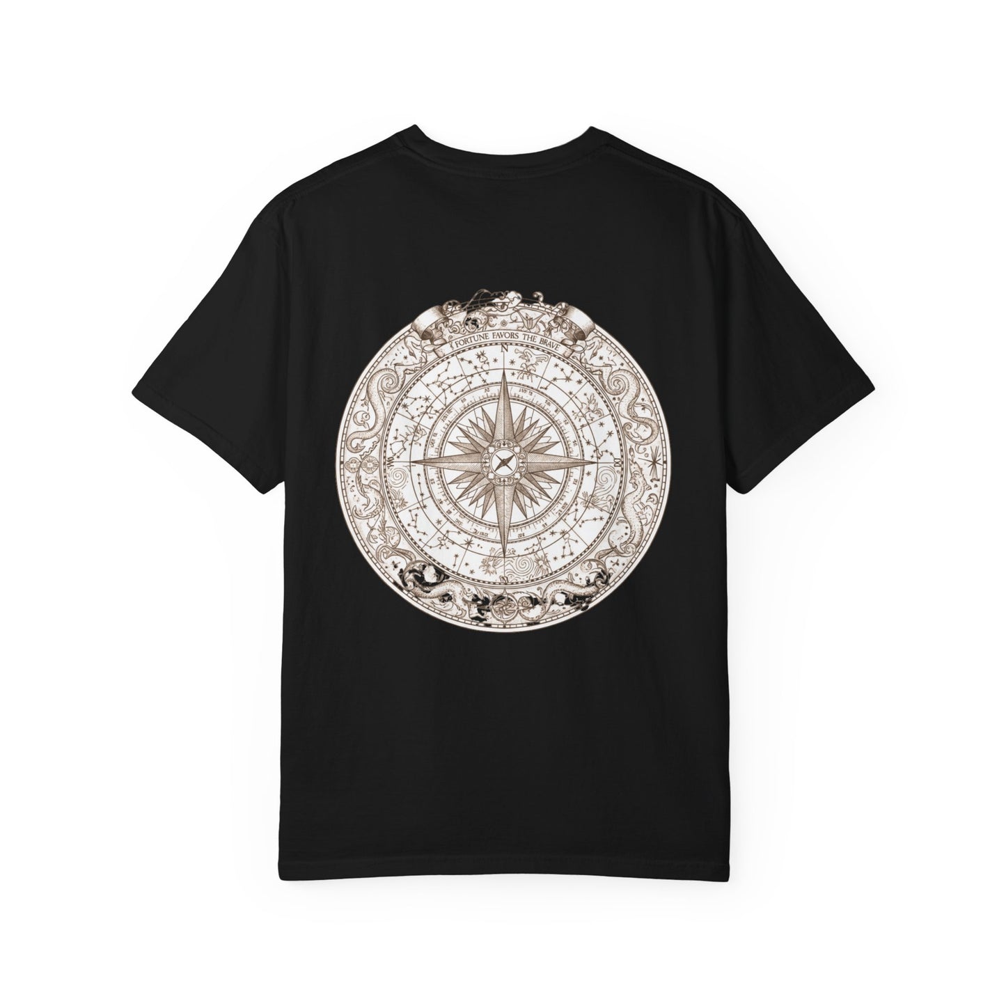 Weathered nautical compass rose printed on the back of a garment-dyed heavyweight cotton tee